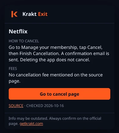 Krakt Exit popup on Netflix: how to cancel, fees, and a Go to cancel page button